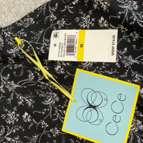 CeCe Black and White Floral Blouse with Runched Sleeves Size M - Picture 6 of 9